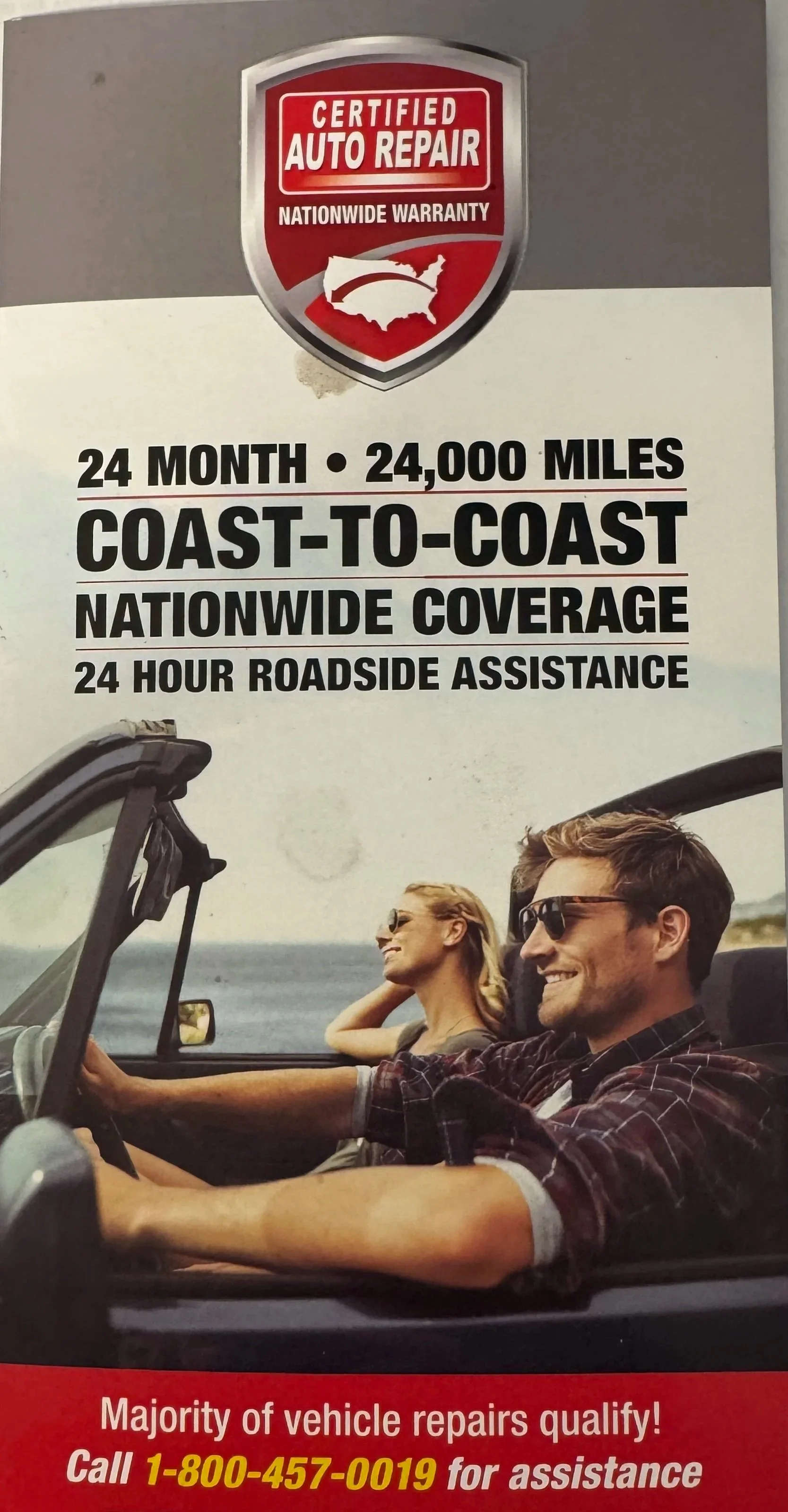 Advertisement for certified auto repair with nationwide warranty link