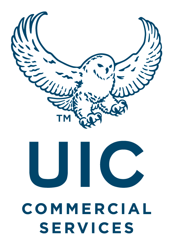 Logo of a white owl with wings spread, above the text 'UIC' and 'Commercial Services' on a black background.