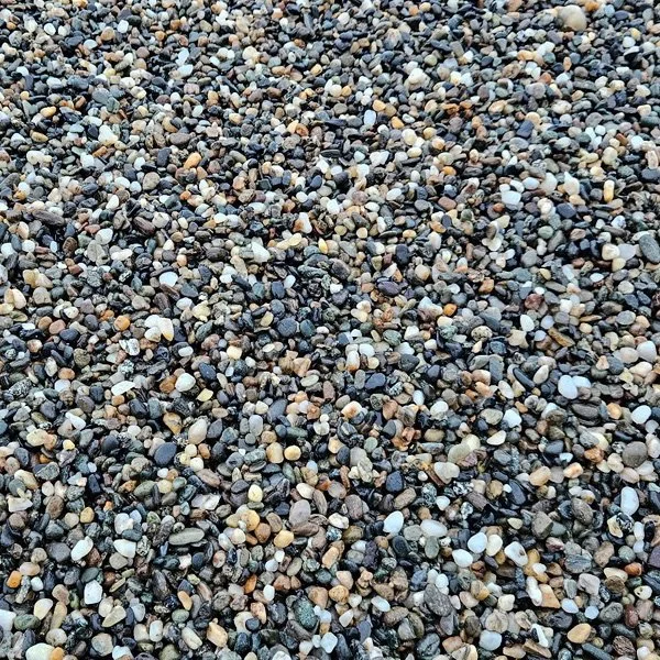 Close-up view of multicolored pebbles on a beach or surface, with various shades of gray, black, white, orange, and blue.