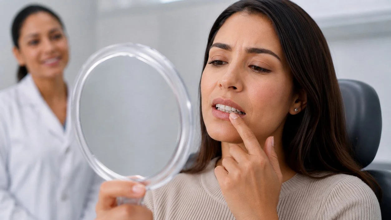 Paciente observando un cambio de color en un diente durante una valoración dental