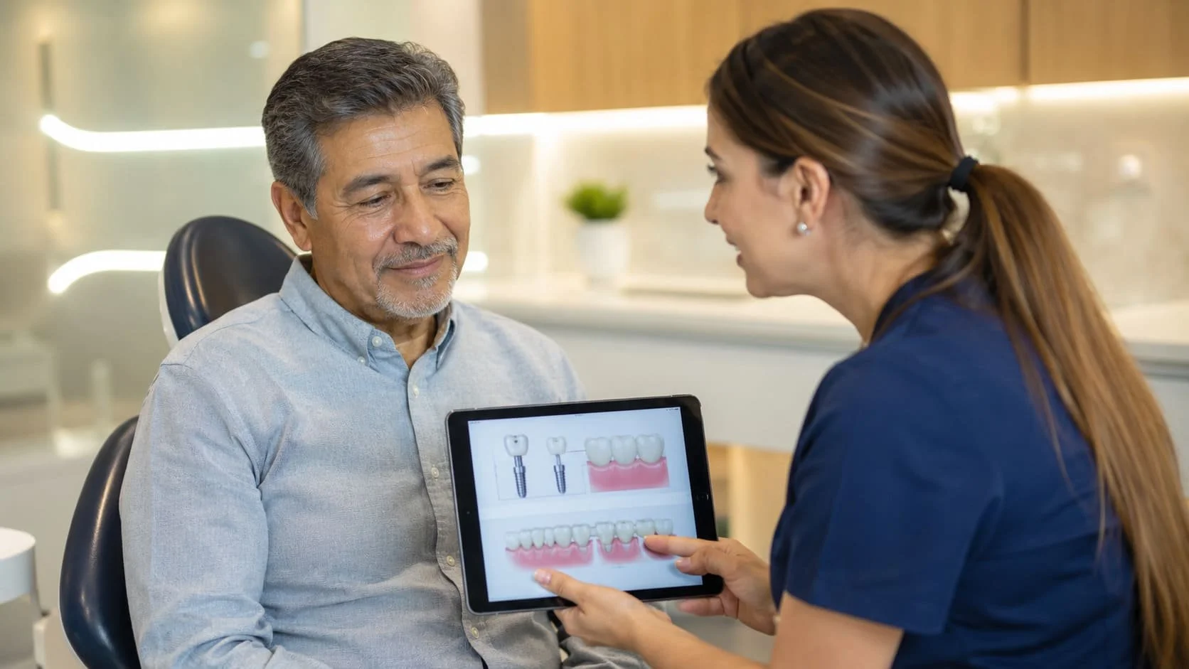 Paciente consultando opciones de implantes dentales por incomodidad con su prótesis