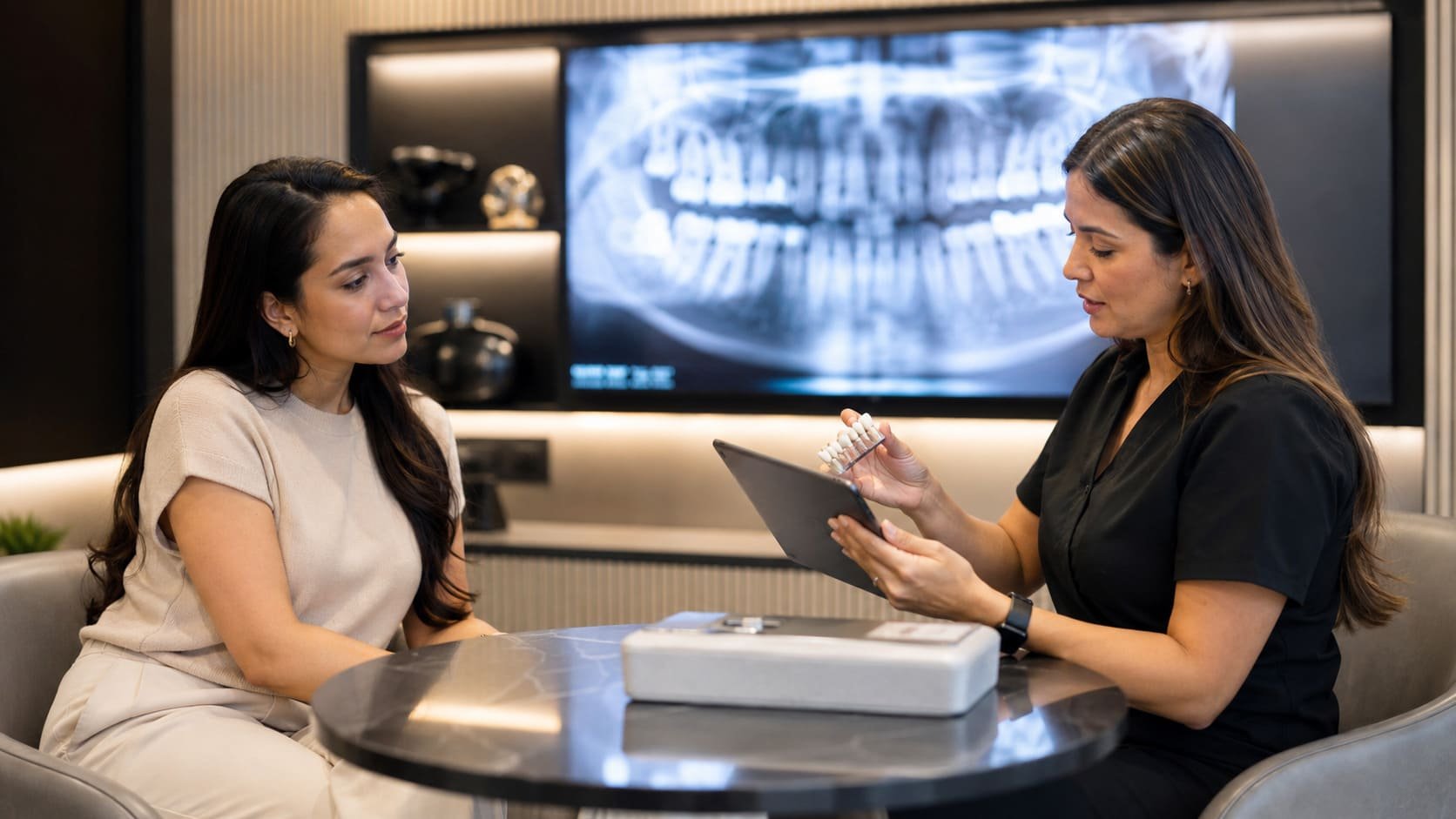 Paciente recibiendo valoración por caries antes de colocar una resina dental