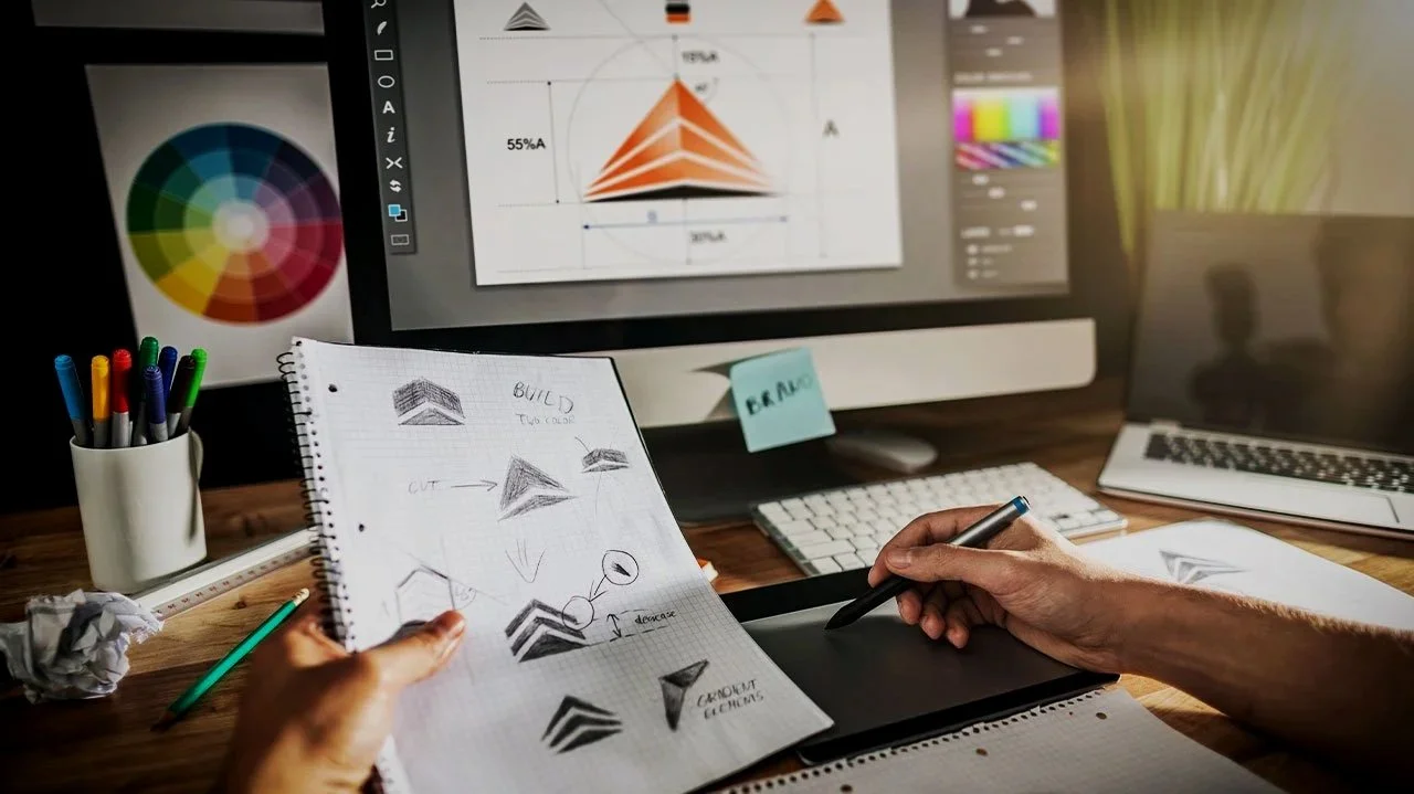Graphic design workspace with computer monitor showing logo sketches and color wheel, designer’s hand drawing concepts with stylus.