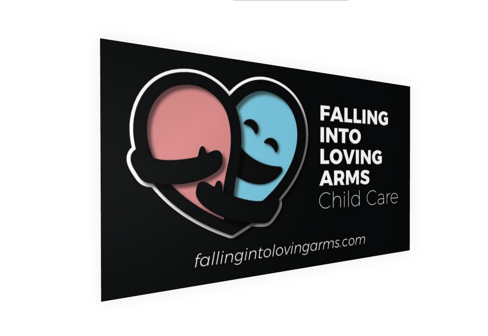 Logo for Falling Into Loving Arms Child Care featuring a stylized heart-shaped design with a pink and blue baby face hugging, alongside the website URL fallingintolovingarms.com.