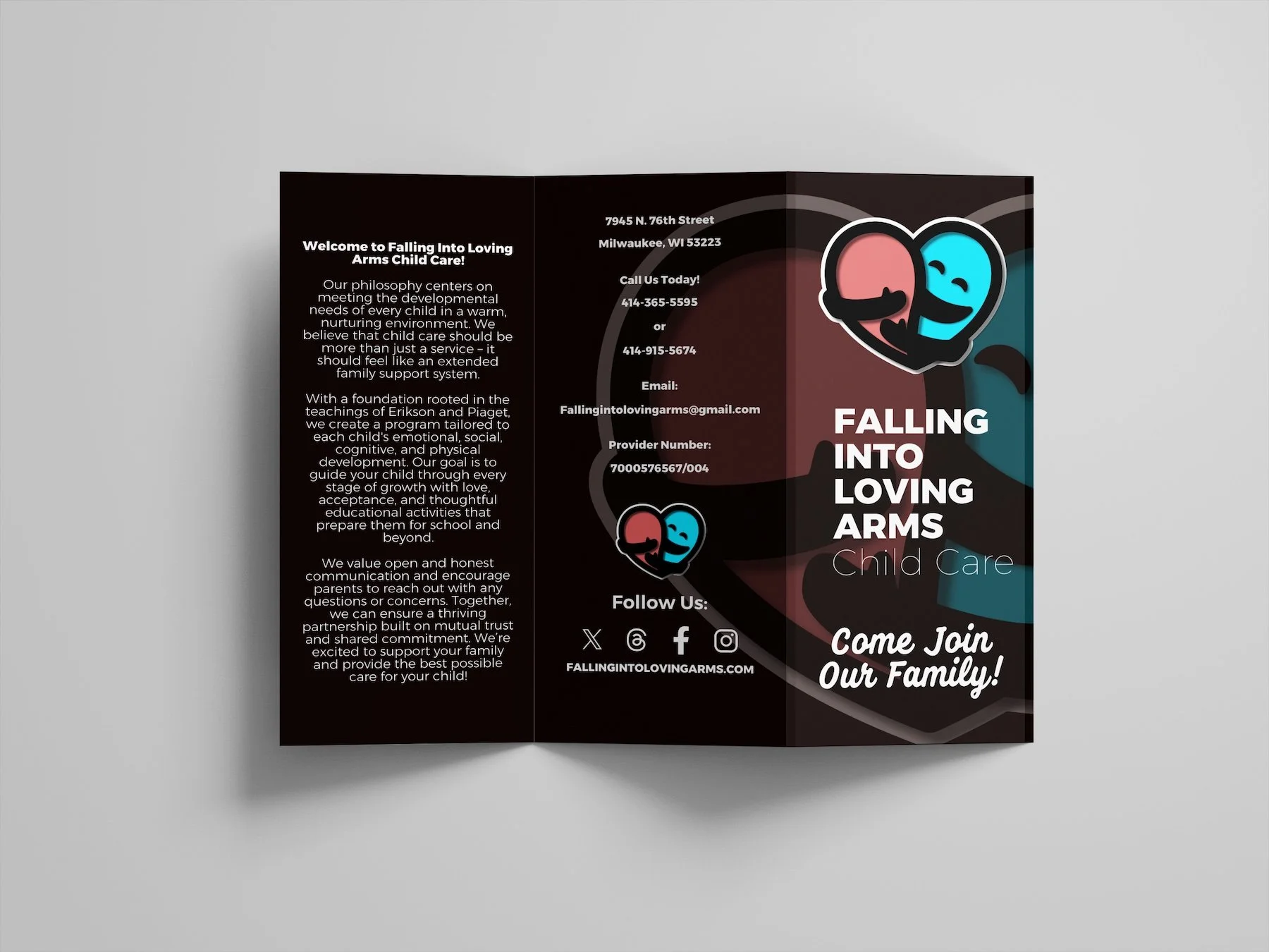 Tri-fold brochure for Falling Into Loving Arms Child Care featuring a heart-shaped logo with a smiley face, contact information, social media icons, and a welcoming message for parents.