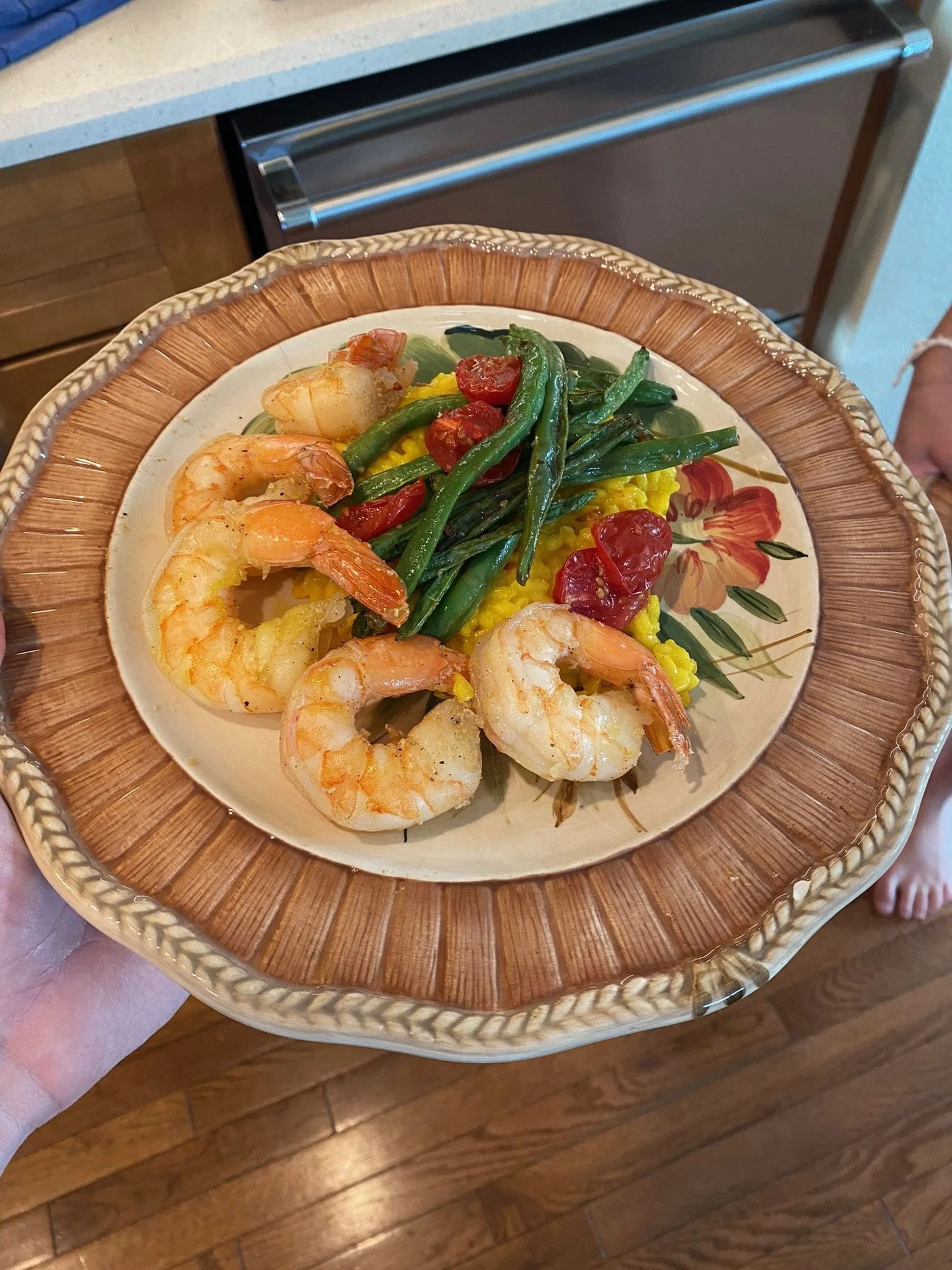 Gulf shrimp, saffron risotto, green beans and roasted cherry tomatoes