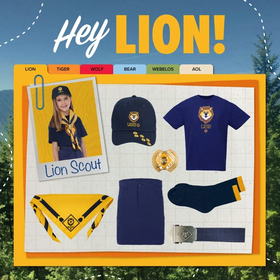 Girl in Cub Scout uniform with badge, yellow and black scarf, navy skirt, navy cap, and navy socks, related to Lion Scout logo and items.