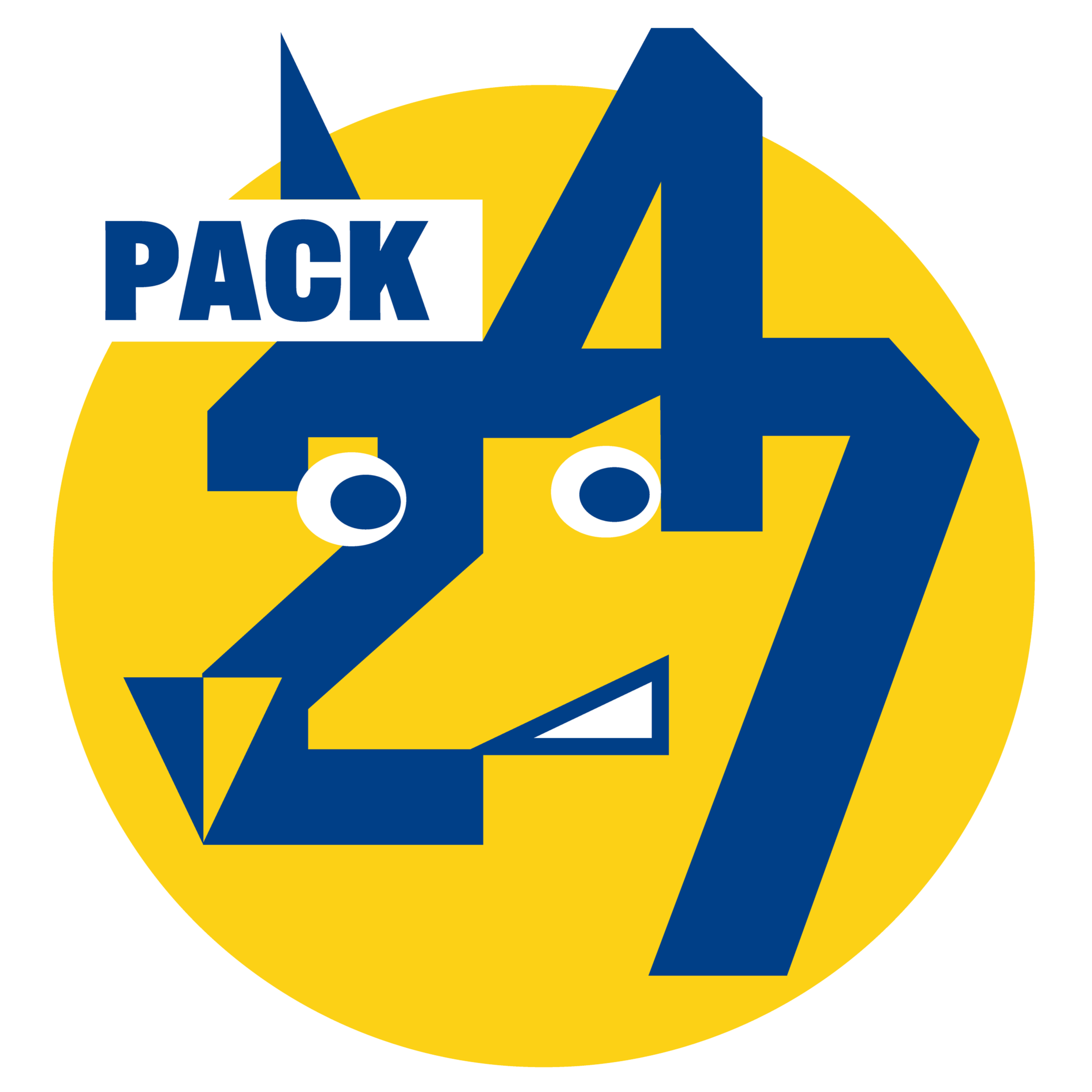 A yellow full moon shape with blue geometric design made of the numbers 247 forming a wolf face  and the text 'PACK' written on a white background