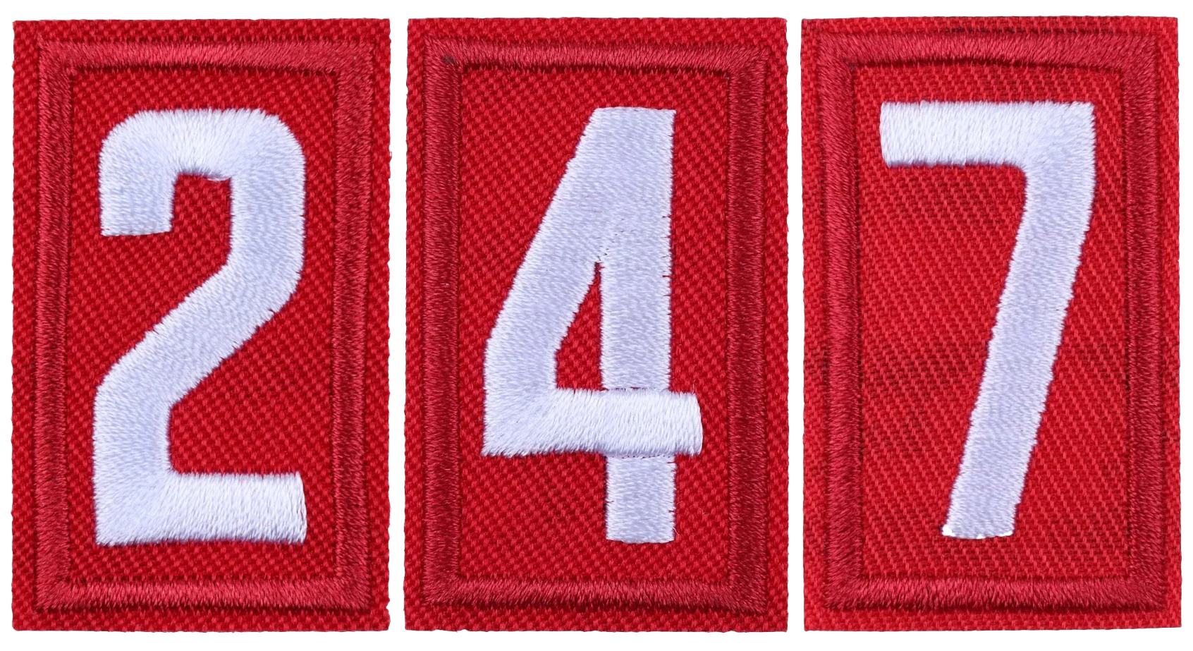 Red fabric patches with white embroidered numbers 2, 4, and 7