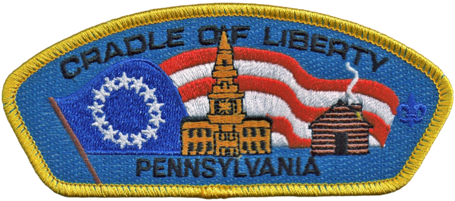Colorful embroidered patch with blue background, featuring a yellow Liberty Bell, a red, white, and blue American flag, Independence Hall, and the words "Cradle of Liberty Pennsylvania."