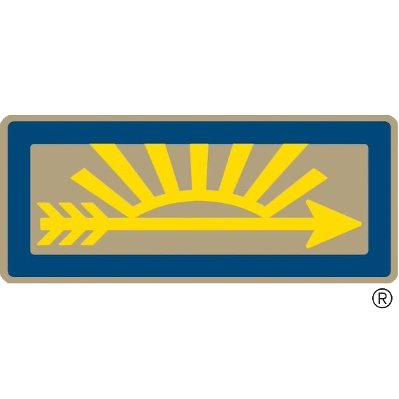 Arrow of Light Badge showing a yellow sun rising from an arrow pointing to the right on a tan background with a dark blue border