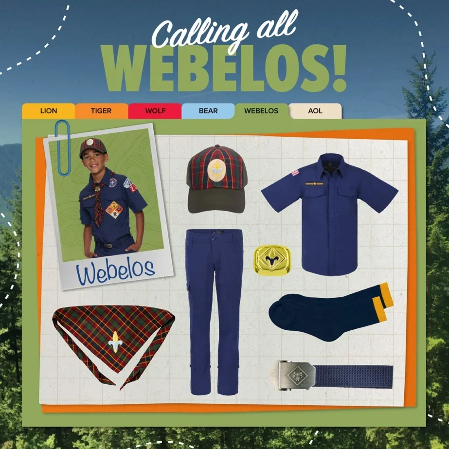 A collection of Scout uniform items including a plaid cap, blue shirt, blue pants, neckerchief, belt, socks, badge, and a wristwatch, with a photo of a smiling boy in a Scout uniform and a background with trees.