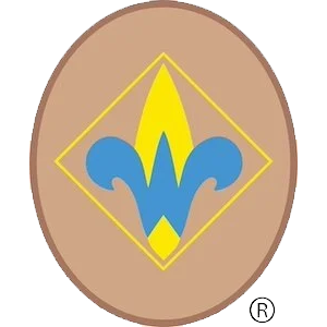 An oval badge showing the Webelos blue "W"/ yellow Fluer de Lis insignia on a light brown background with a dark brown border