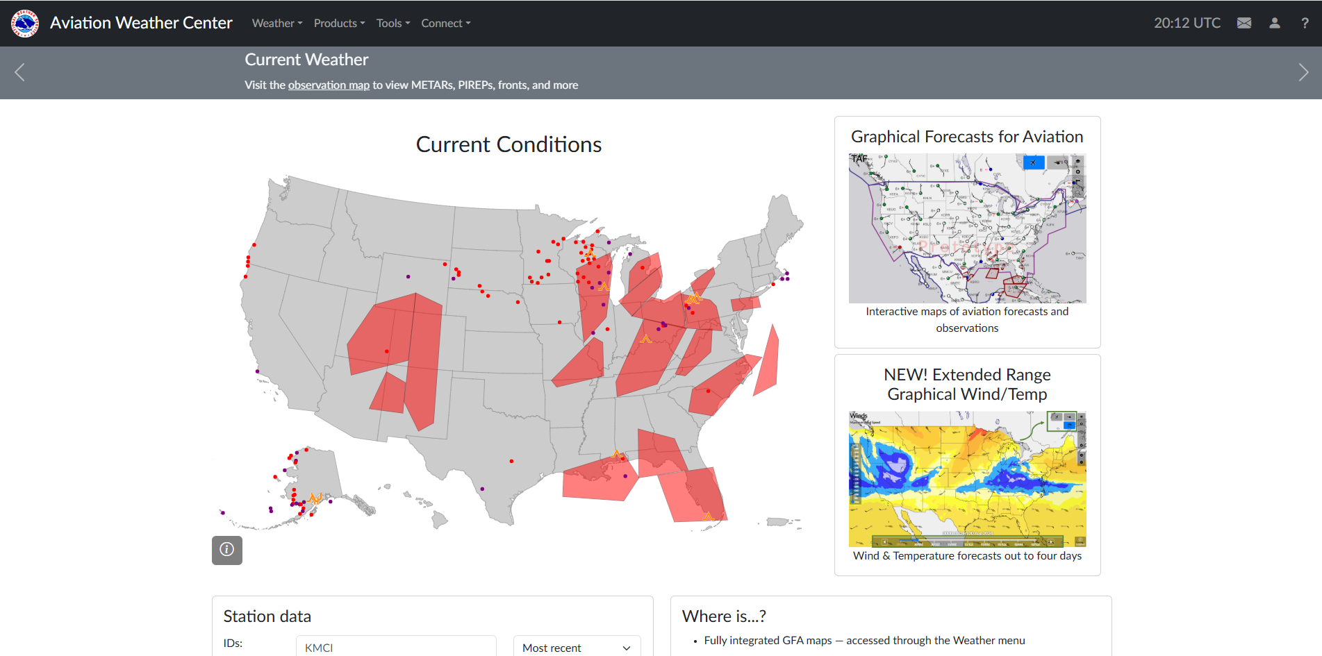 Map of the United States showing current aviation weather conditions with red polygons indicating various weather phenomena and colored dots representing observation points. The right side features links to aviation forecast maps and extended-range wind and temperature forecasts.