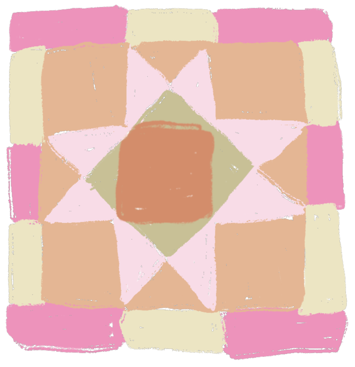 Geometric drawing of an outline square with sections divided by vertical, horizontal, and half circle lines.