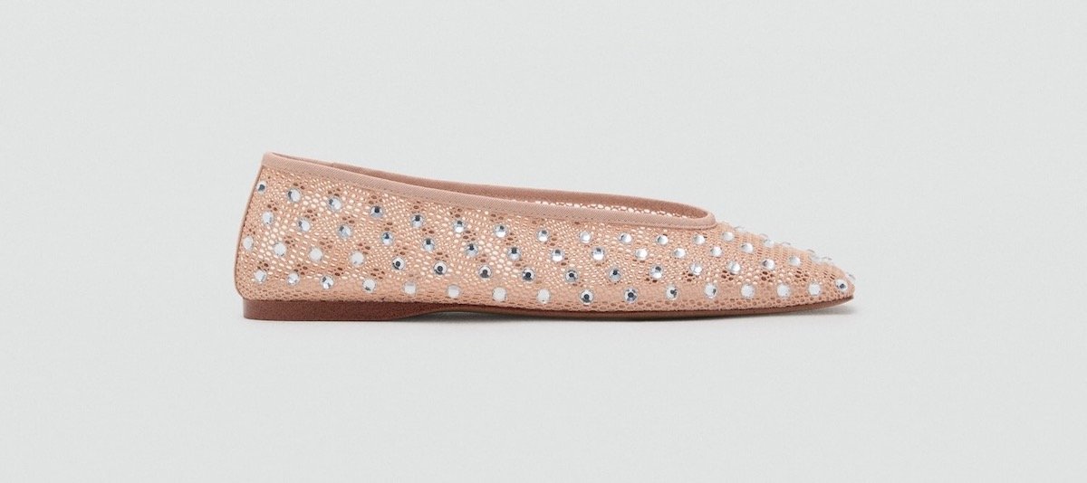 Mango Mesh Rhinestone Ballet Flats in Nude, $89.99 at Mango