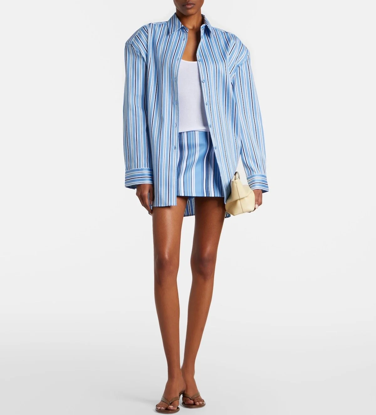 The Frankie Shop Oana Striped Cotton-Blend Shirt ($250) and Hera Striped Cotton-Blend Miniskirt ($150) at Mytheresa