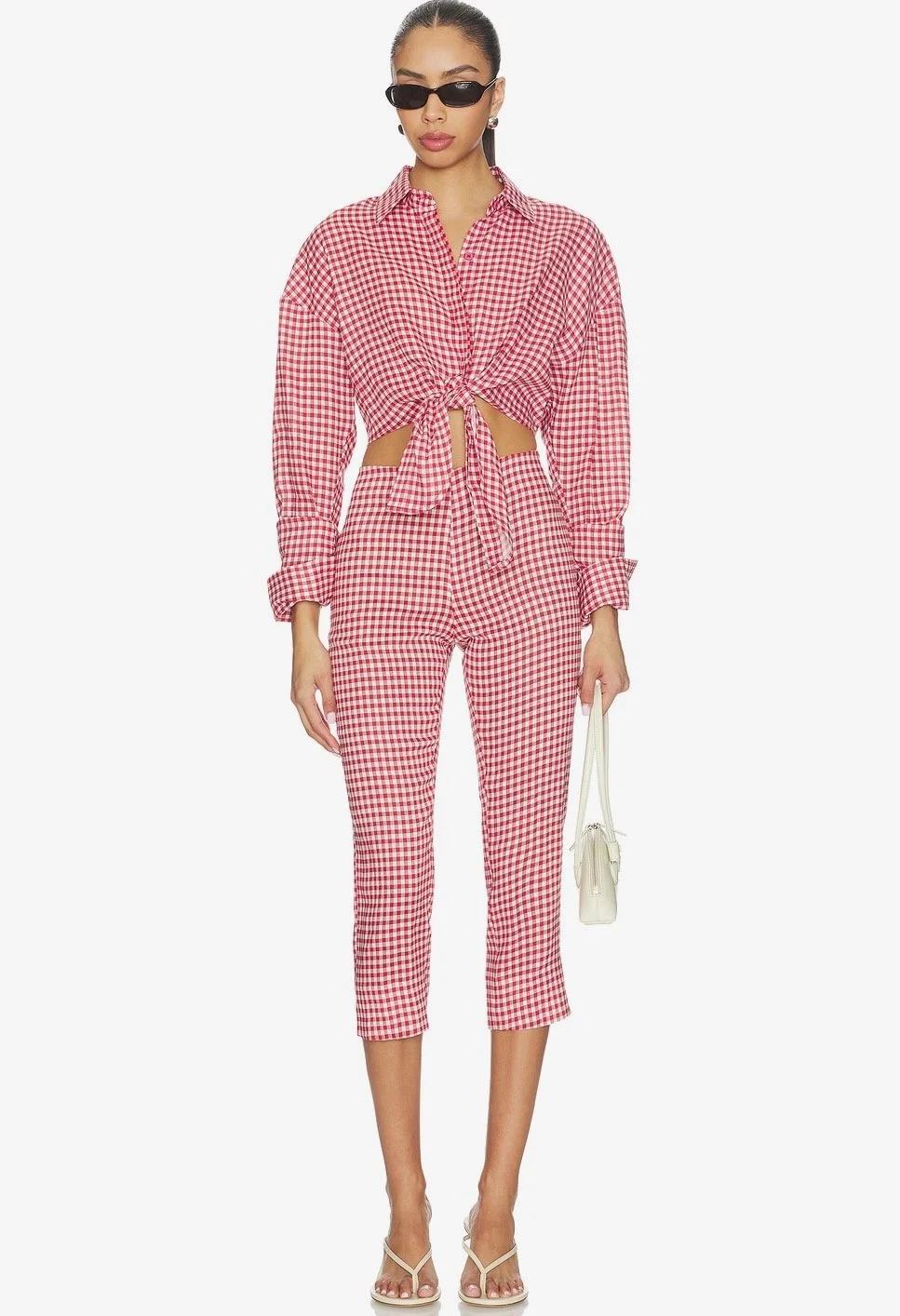 AEXAE Linen Capri Pant in Gingham Red, $250 at Revolve