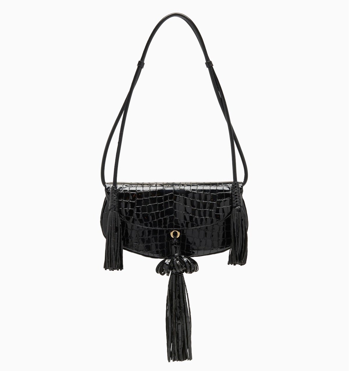 Ulla Johnson Paloma Tassel Flap Bag in Embossed Noir, $890 at Ulla Johnson