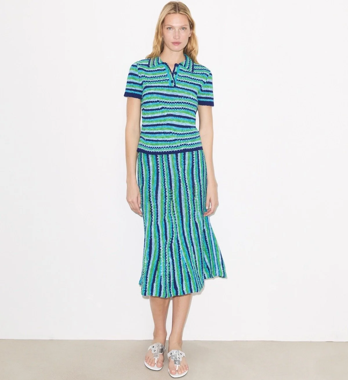 Tory Burch Striped Cotton Polo ($595) and Striped Cotton Skirt ($695) at Tory Burch