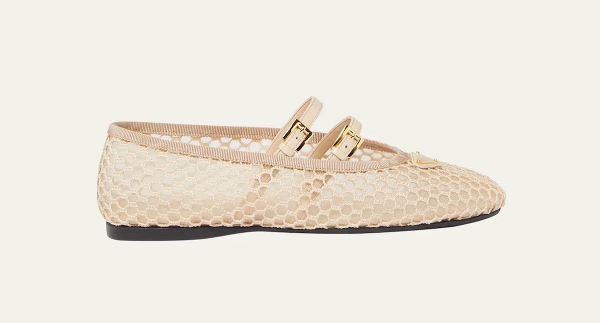 Prada Mesh Double Buckle Ballet Flats in Travertino, $1,020 at Bergdorf Goodman