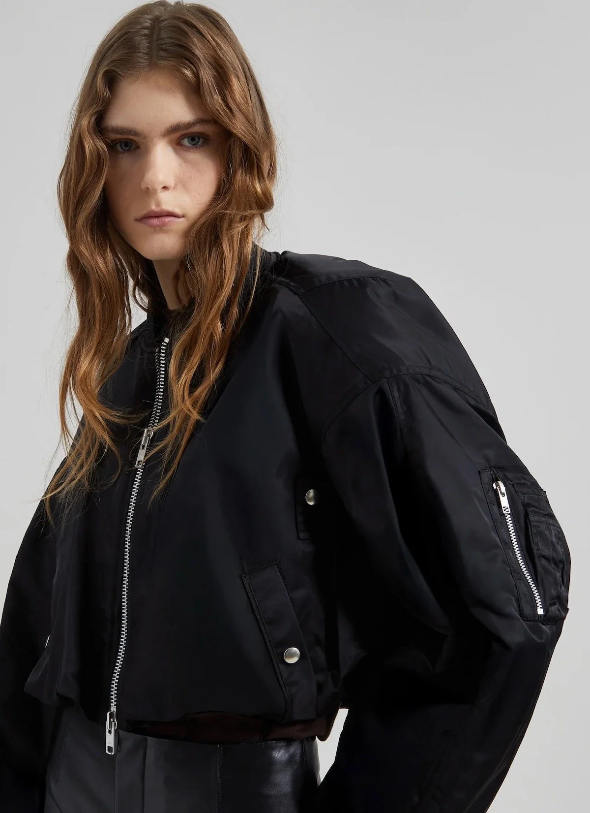 The Frankie Shop Skagen Cropped Trapeze Bomber Jacket in Black, $495 at The Frankie Shop