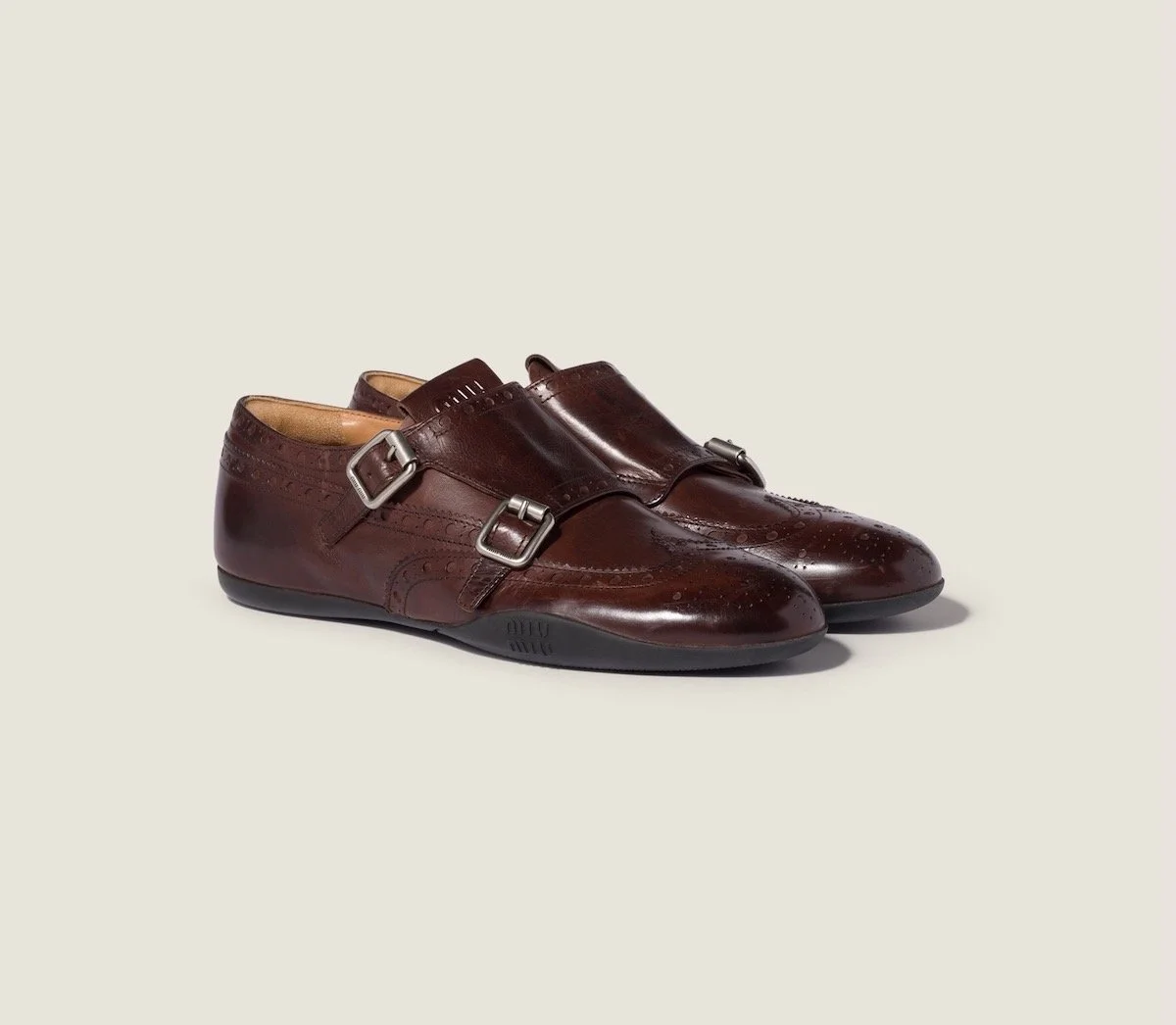Miu Miu Calf Leather Brogue Shoe With Buckles in Dark Brown, $1,170 at Miu Miu