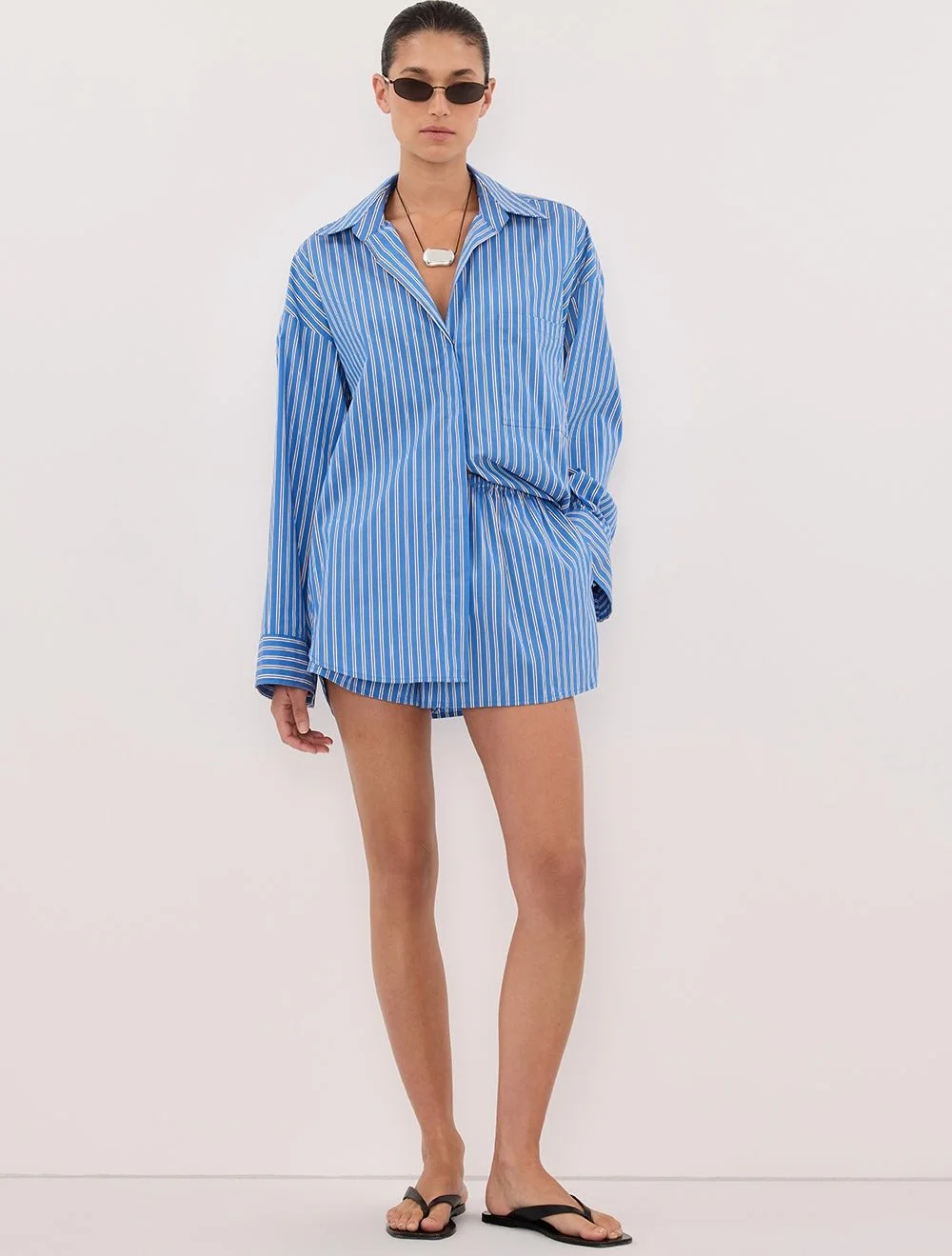 DISSH Misha Azure Blue Stripe Shirt ($159) and Misha Azure Blue Stripe Short ($102) at DISSH