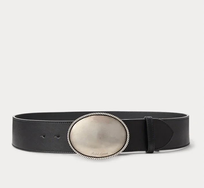 Ralph Lauren Collection Plaque-Buckle Calfskin Wide Belt, $900 at Ralph Lauren