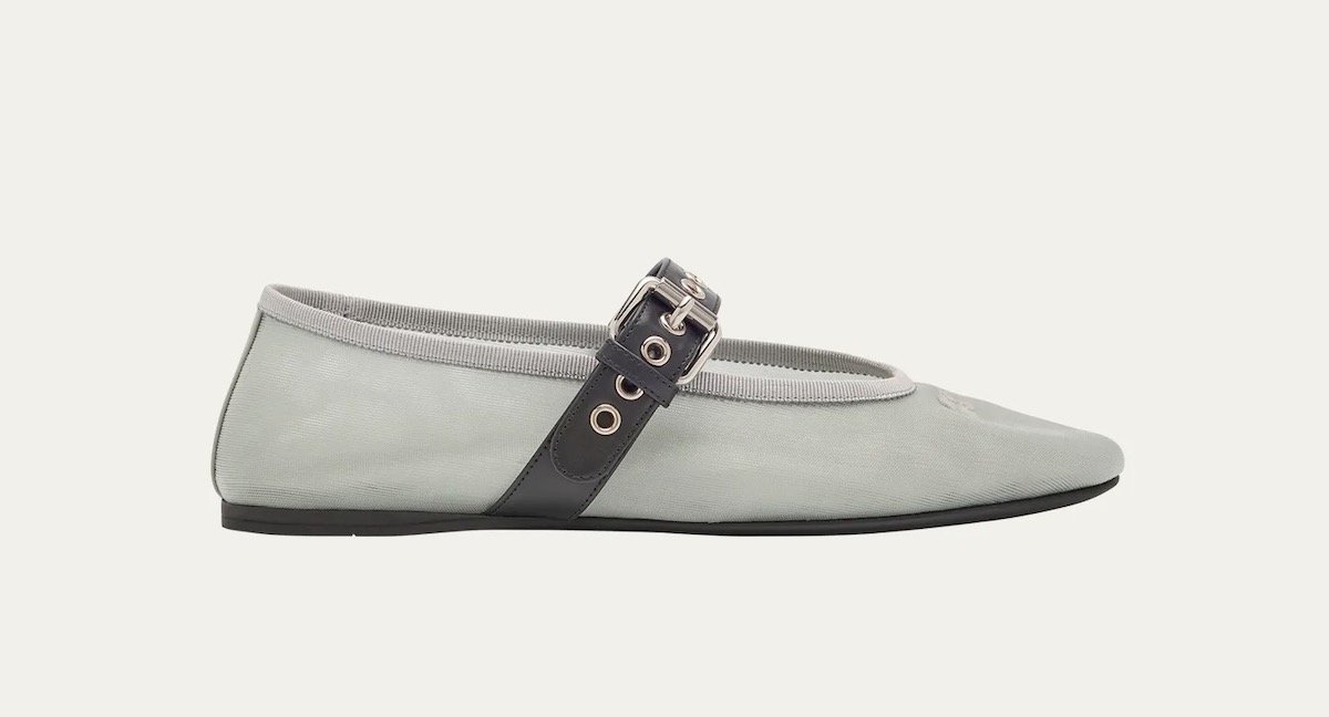 Miu Miu Mesh Buckle Mary-Jane Ballerina Flats in Alluminio, $1,050 at Bergdorf Goodman