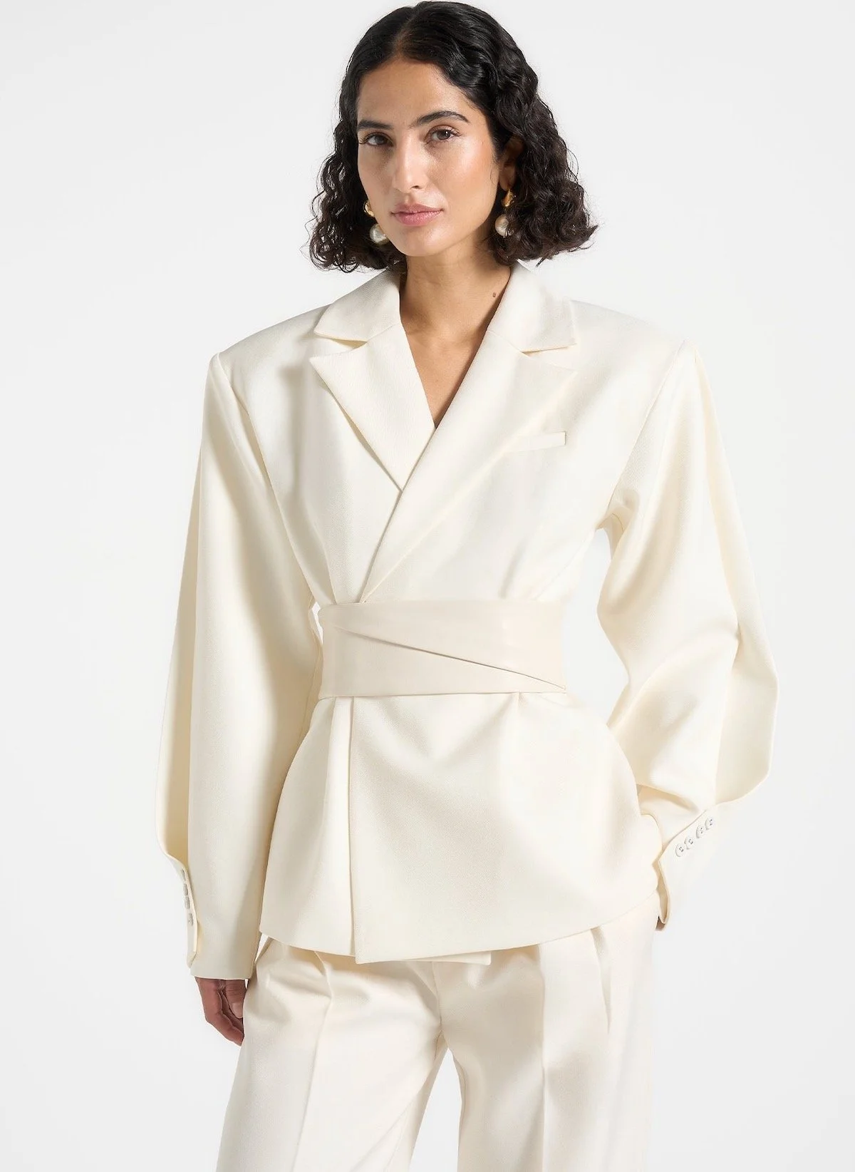 Manière De Voir Marie Twist Sleeve Tailored Blazer With Belt in Cream, $270 at Manière De Voir