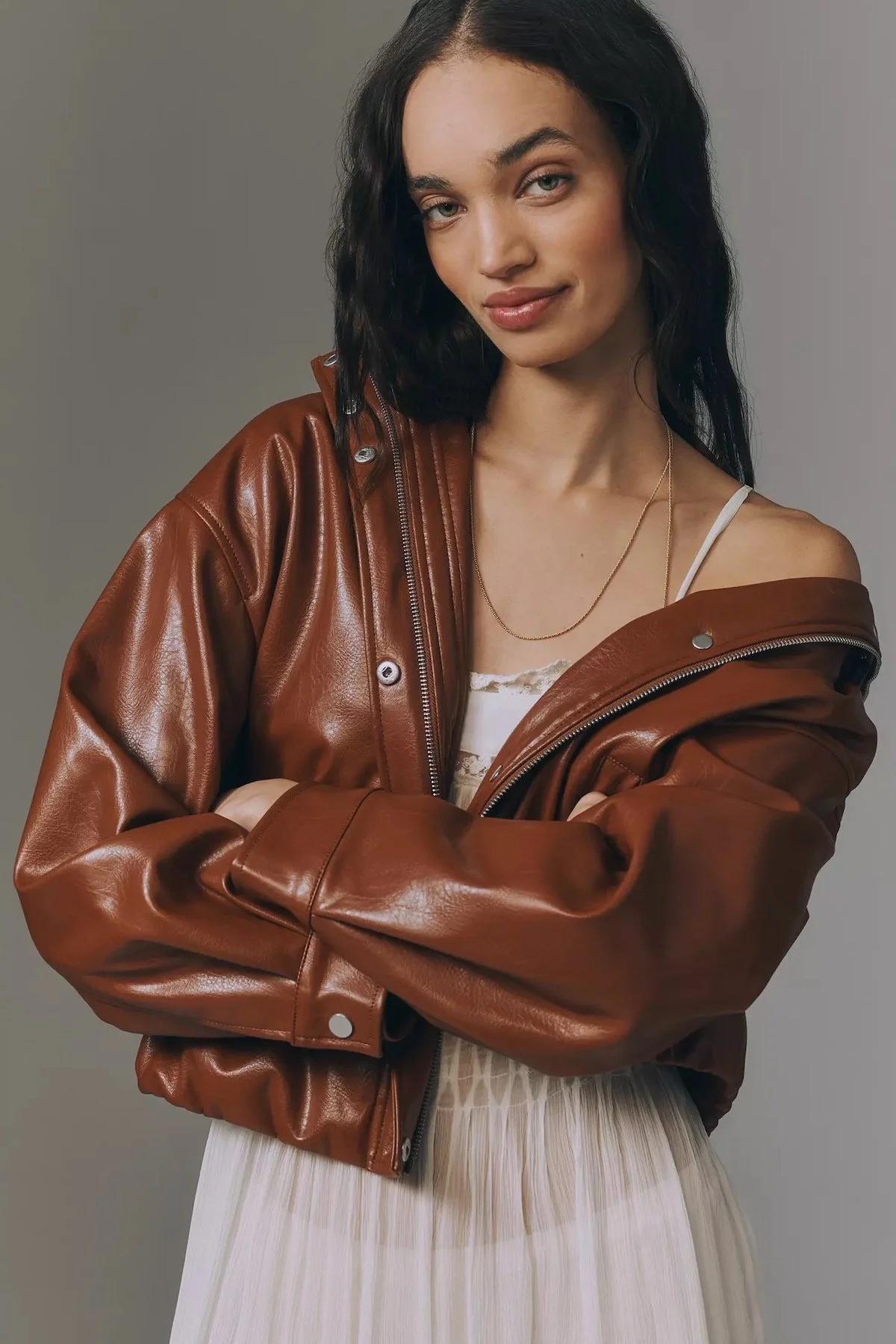 Pilcro Funnel-Neck Faux-Leather Bomber Jacket in Sable, $168 at Anthropologie