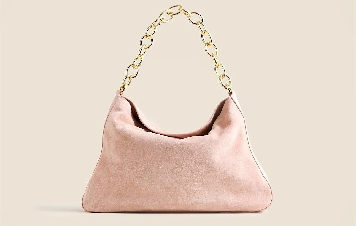 J.Crew Berkeley Chainlink Shoulder Bag in Suede in Peach Petal, $238 at J.Crew