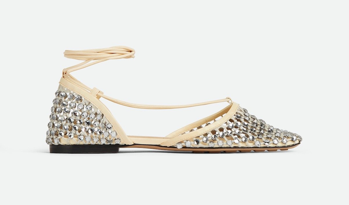 Bottega Veneta Sparkle Stretch Lace-Up Flat Sandal in Toile/Crystal, $1,750 at Bottega Veneta