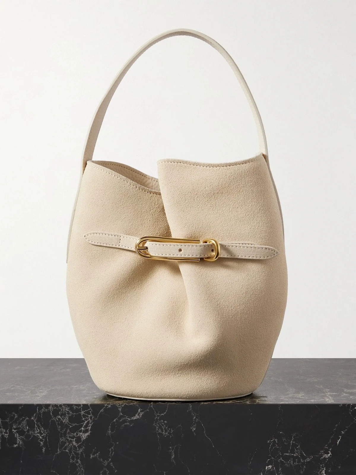 Liffner Buckled Suede Bucket Bag in Off-White, $550 at Net-a-Porter