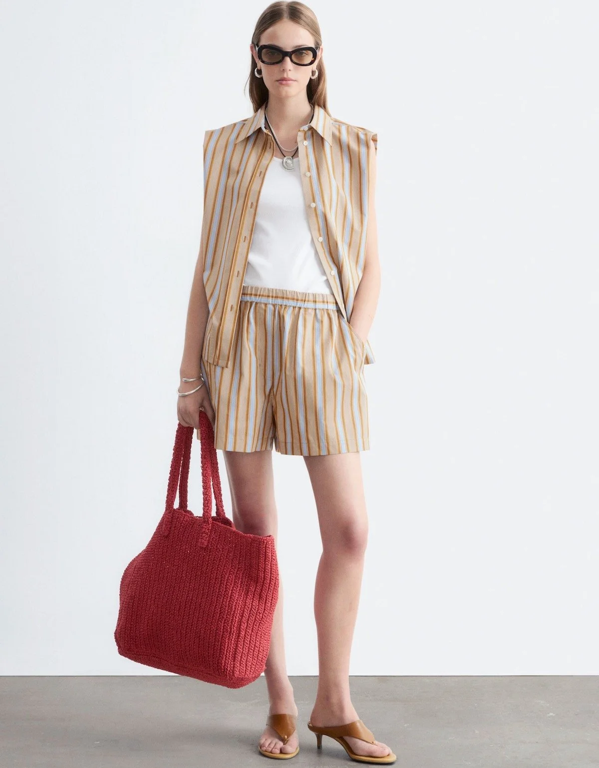 & Other Stories Pima Cotton Sleeveless Shirt in Brown/Light Blue ($79) and High-Waist Cotton Shorts in Beige/Striped ($79) at & Other Stories