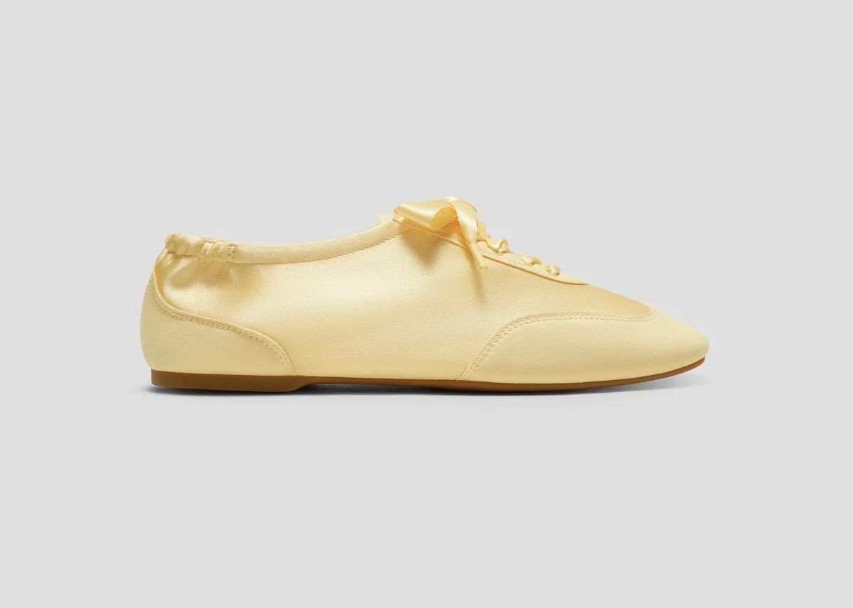 VIVAIA Square-Toe Lace-Up Satin Sneakerina (Cristina) in Butter Yellow, $159 at VIVAIA