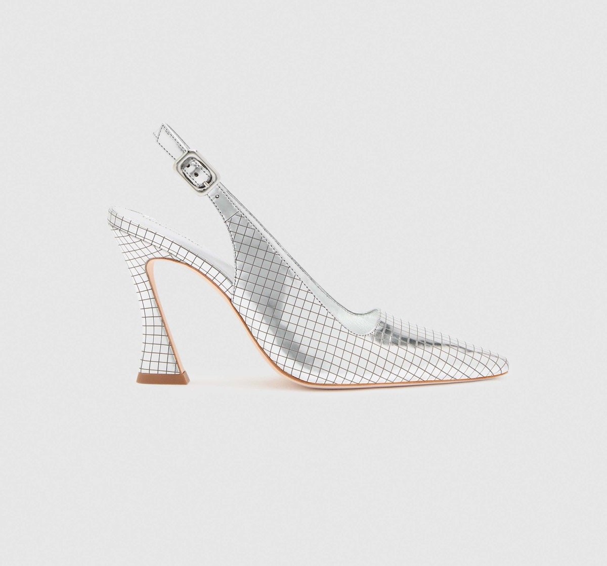Reformation Nour Heeled Slingback in Silver Metallic Disco, $298 at Reformation