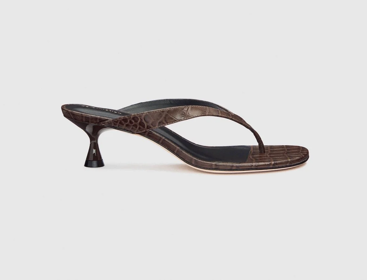 Reformation Sophie Heeled Sandal in Brown Croc-Effect, $268 at Reformation