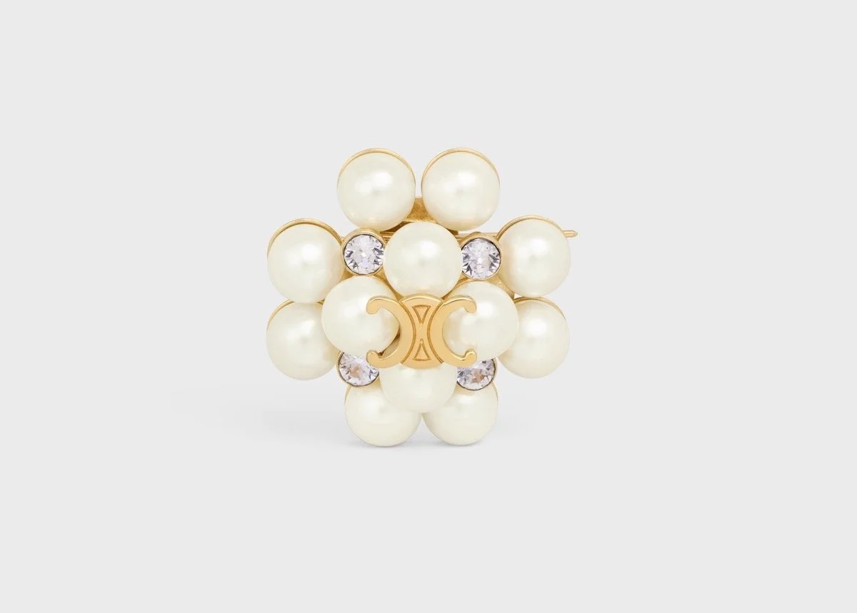 Celine Les Perles Celine Brooch in Strass, Resin Pearls, Brass With Gold Finish and Steel, $820 at Celine