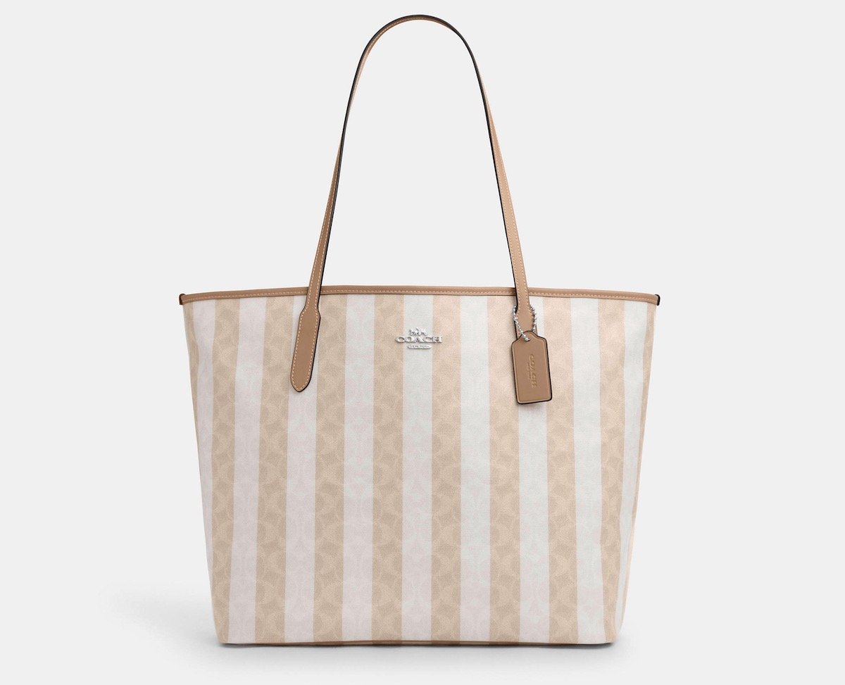 Coach Large City Tote Bag in Signature Canvas With Stripe in Coated Canvas/Sv/Sand/Tan, $179 at Coach Outlet