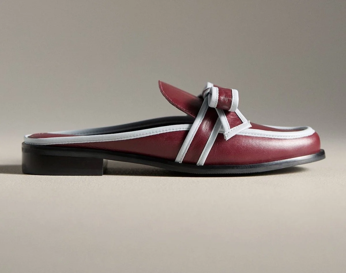 Maeve 3D Bow Loafer Slides in Wine/Blue, $178 at Anthropologie