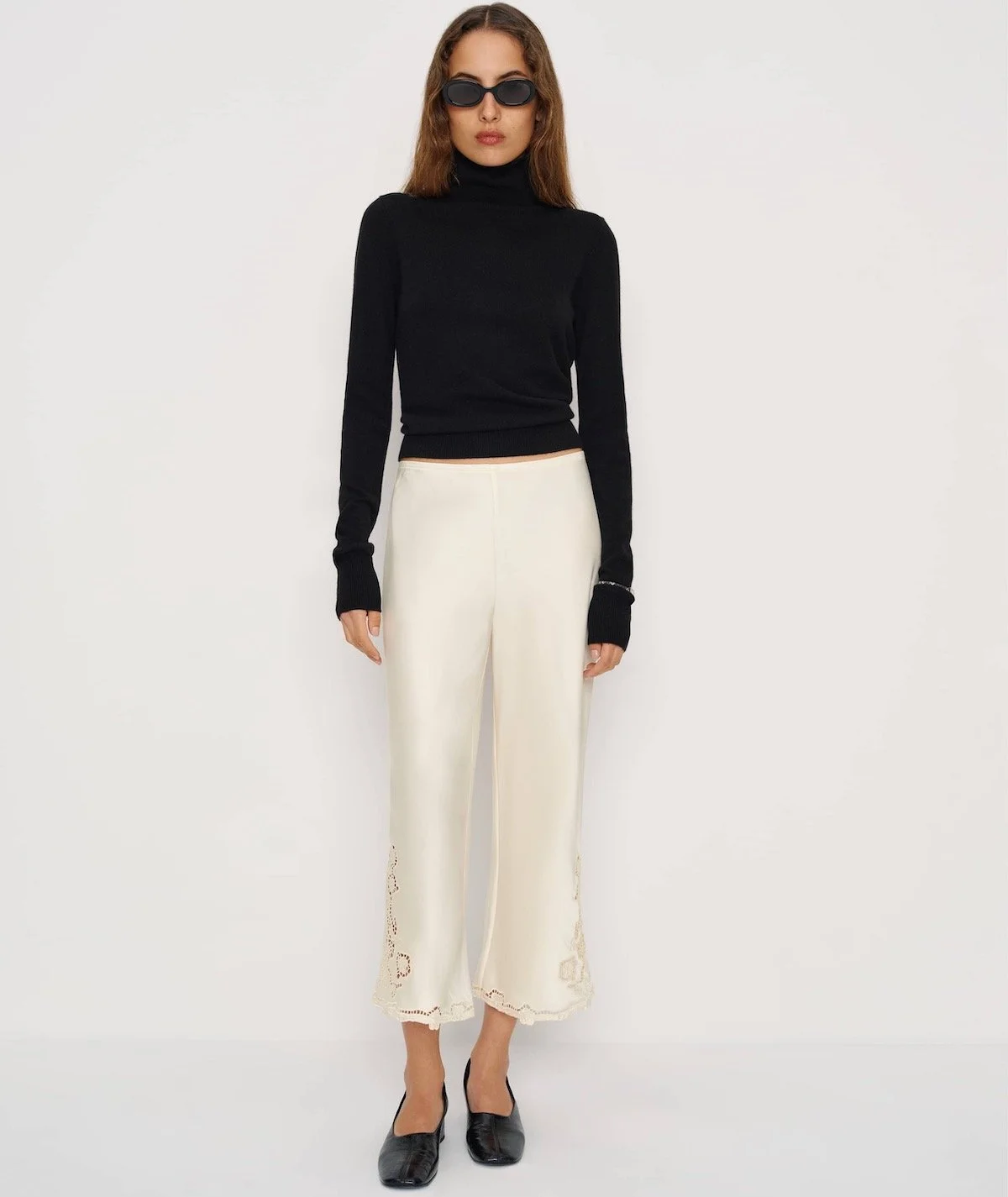 Reformation Gale Satin Mid Rise Capri Pant in Fior Di Latte Embroidery, $248 at Reformation