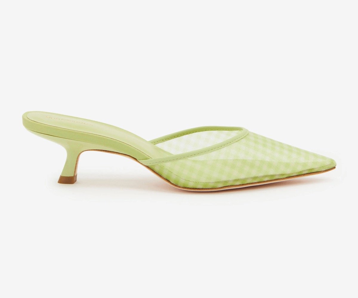 Reformation Wilda Kitten Mule in Green Gingham Mesh, $278 at Reformation