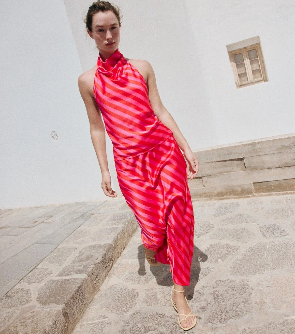 Zara Striped Satin Halter Top ($39.90) and Striped Satin Midi Skirt ($49.90) at Zara