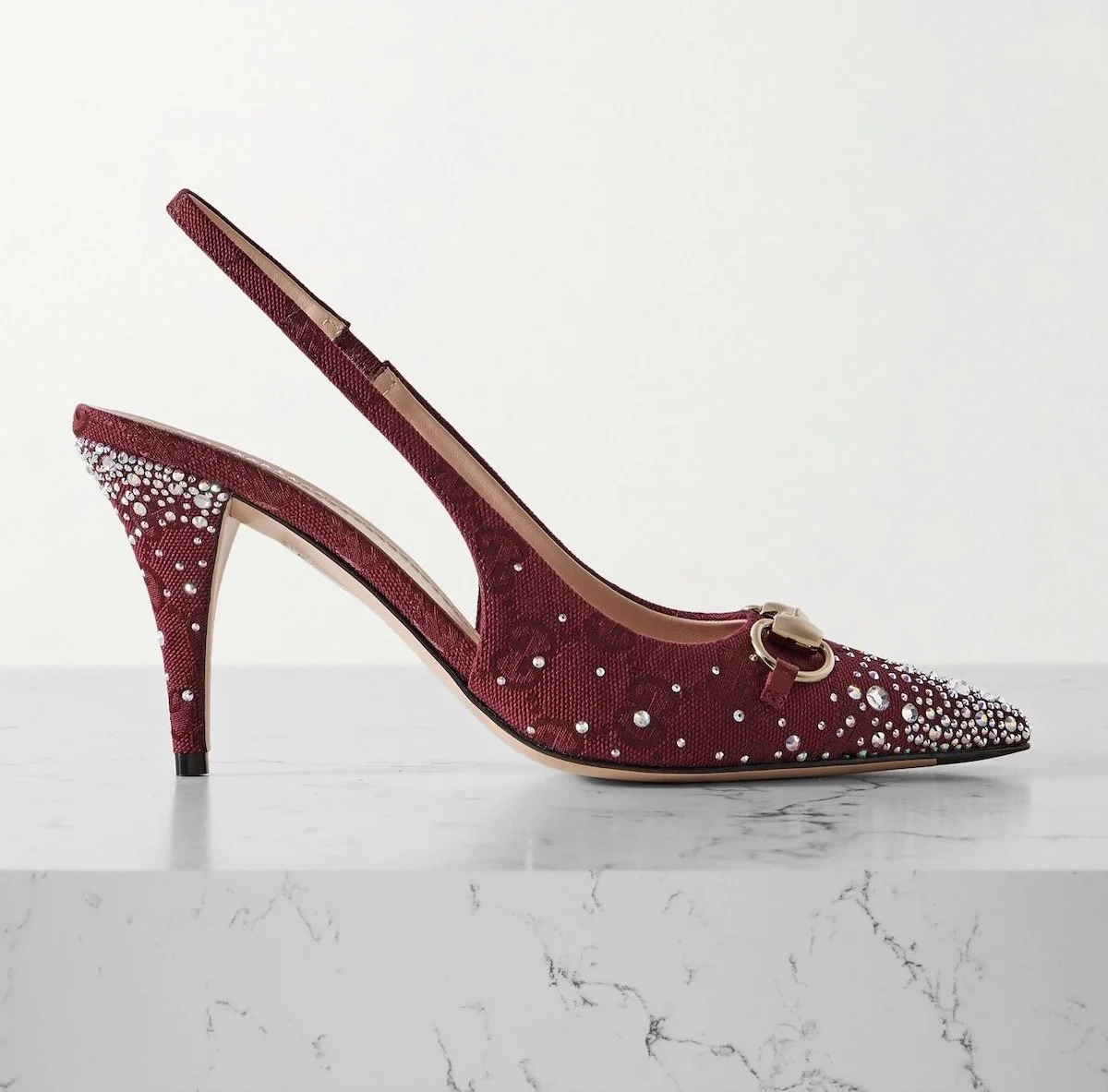 Gucci Erin Crystal-Embellished Horsebit-Detailed Canvas-Jacquard Slingback Pumps, $1,200 at Net-a-Porter