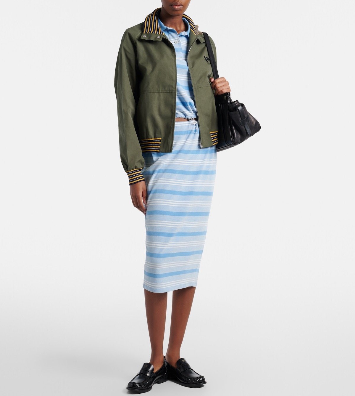 Prada Striped Cotton Piqué Polo Shirt ($1,120) and Striped Cotton Piqué Pencil Skirt ($995) at Mytheresa