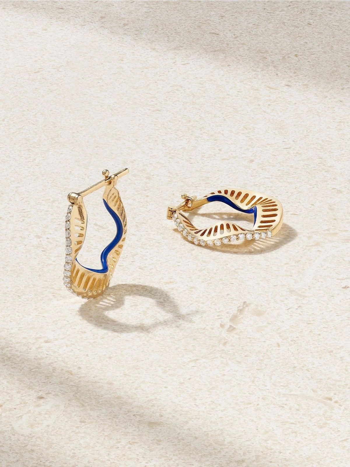 L'Atelier Nawbar Twisted Waves 18-Karat Gold, Enamel and Diamond Hoop Earrings in Blue, $1,500 at Net-a-Porter