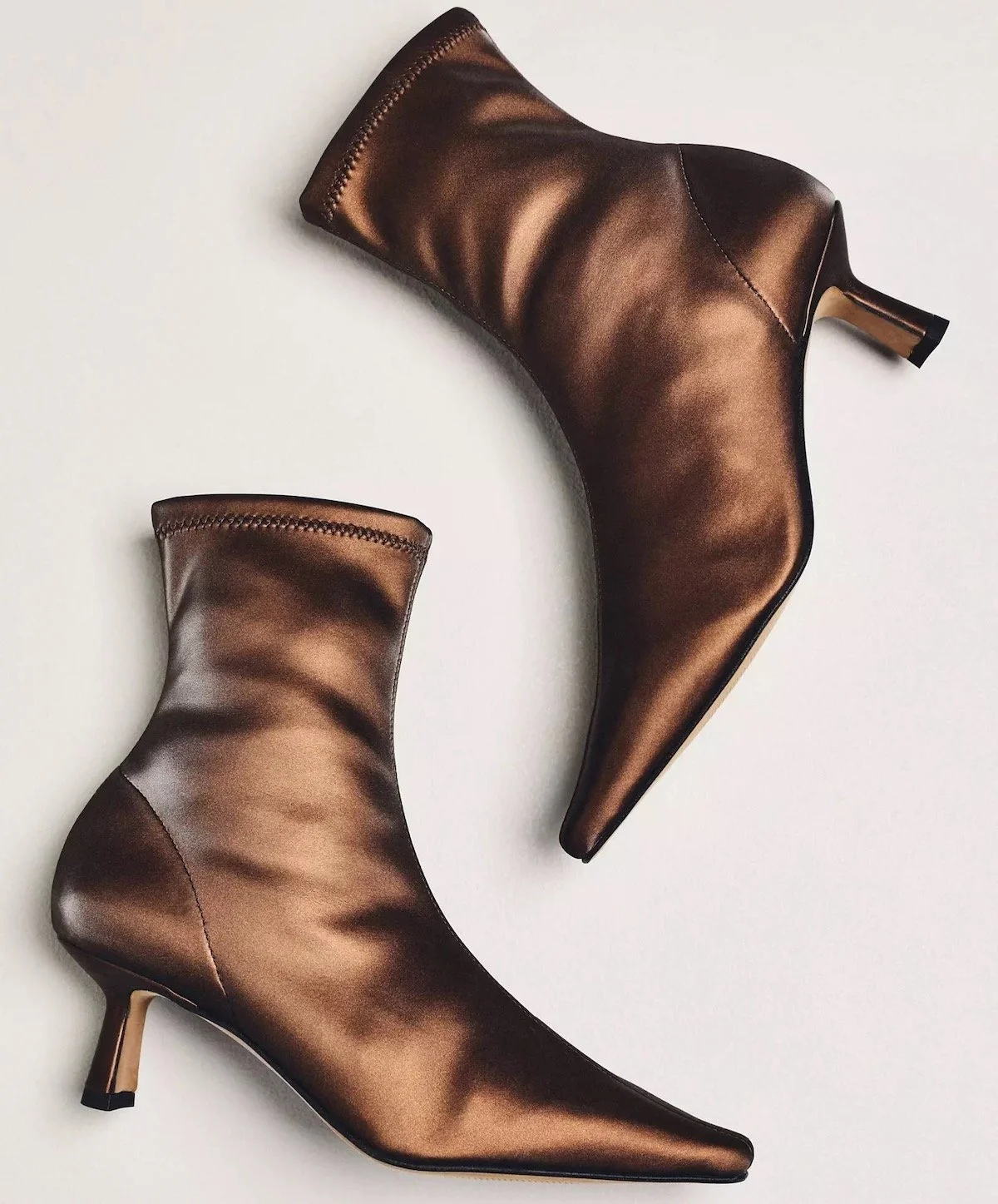 Angel Alarcon Pointed-Toe Kitten-Heel Boots in Brown Satin, $180 at Anthropologie