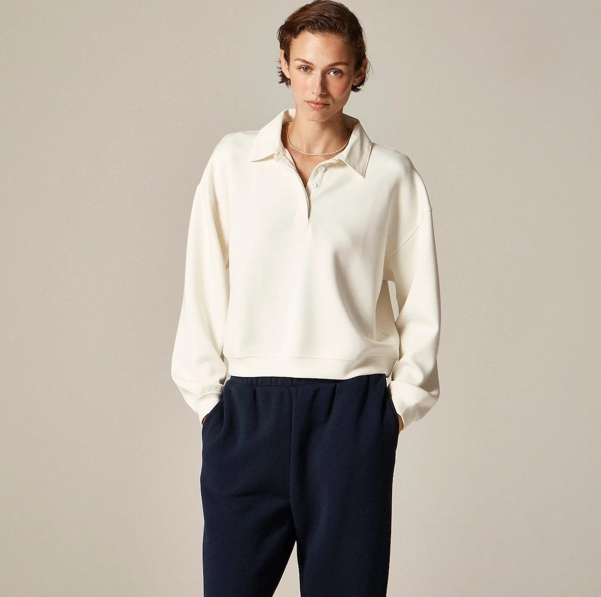 J.Crew Scuba-Knit Rugby Sweatshirt in Ivory, $105.99 at J.Crew